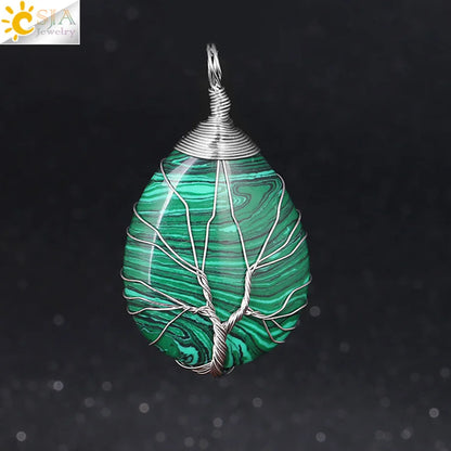 CSJA Natural Stone Pink Quartz Necklace & Pendant Silver-Color Tree of Life Wire Wrapped Water Drop Shape for Women Jewelry F122