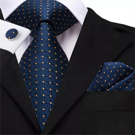 Business Tie for Men Silk Blue Tie Dots Necktie Set Plaid Cufflinks for Wedding Business Tie 150cm Hi-Tie SN-3529