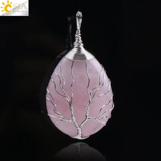 CSJA Natural Stone Pink Quartz Necklace & Pendant Silver-Color Tree of Life Wire Wrapped Water Drop Shape for Women Jewelry F122