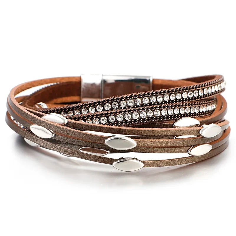 ALLYES Leaf Charm Pink Leather Bracelets for Women 2023 Fashion Crystal Chain Boho Multilayer Wrap Bracelet Femme Jewelry