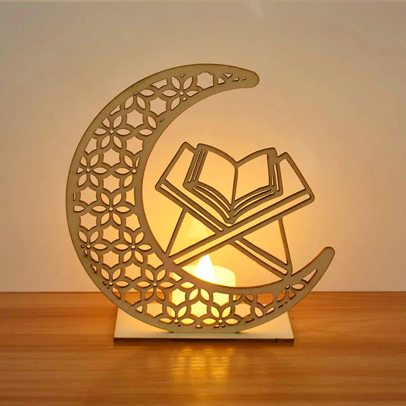EID Mubarak Wooden Pendant With LED Candles Light Ramadan Decorations for Home Islamic Muslim Party Eid Decor Kareem Ramadan