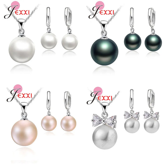 Delicate Pearl 925 Sterling Silver  Jewelry Sets Drop Earrings Necklace Pendant Jewelry Women Wedding Appointment Party