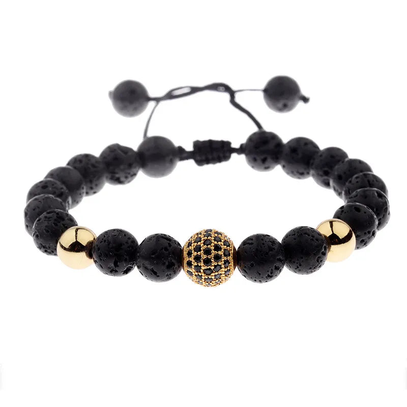 DOUVEI Round Black CZ Zircon Pave Lava Weaving Bracelet Men Beads Weaving Bracelet Homme Adjustable ABL005