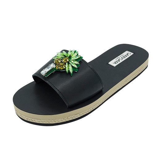 Palm Tree - Green Rhinestone Waterproof Espadrille Flat Womens Sandals