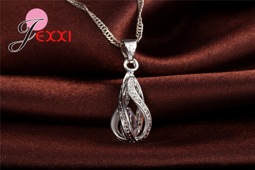8 Colors Best for Women Girls Friends 925 Sterling Silver Jewelry Set CZ Cubic Zircon Water Drop Necklace Dangle Earrings