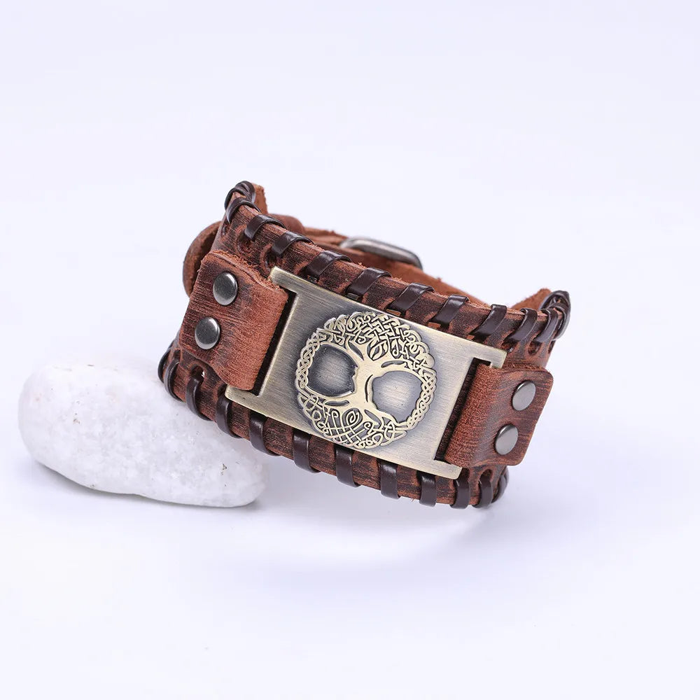Skyrim Tree of Life Vintage Wrap Wicca Metal Leather Bracelet Amulet Adjustable Cuff Bracelet Vintage Jewelry Men