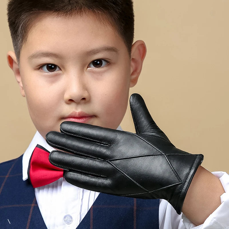 BOOUNI Leather Children Gloves Five Fingers Autumn Winter Warm Velvet Lined Kids Boys Sheepskin Gloves NM964