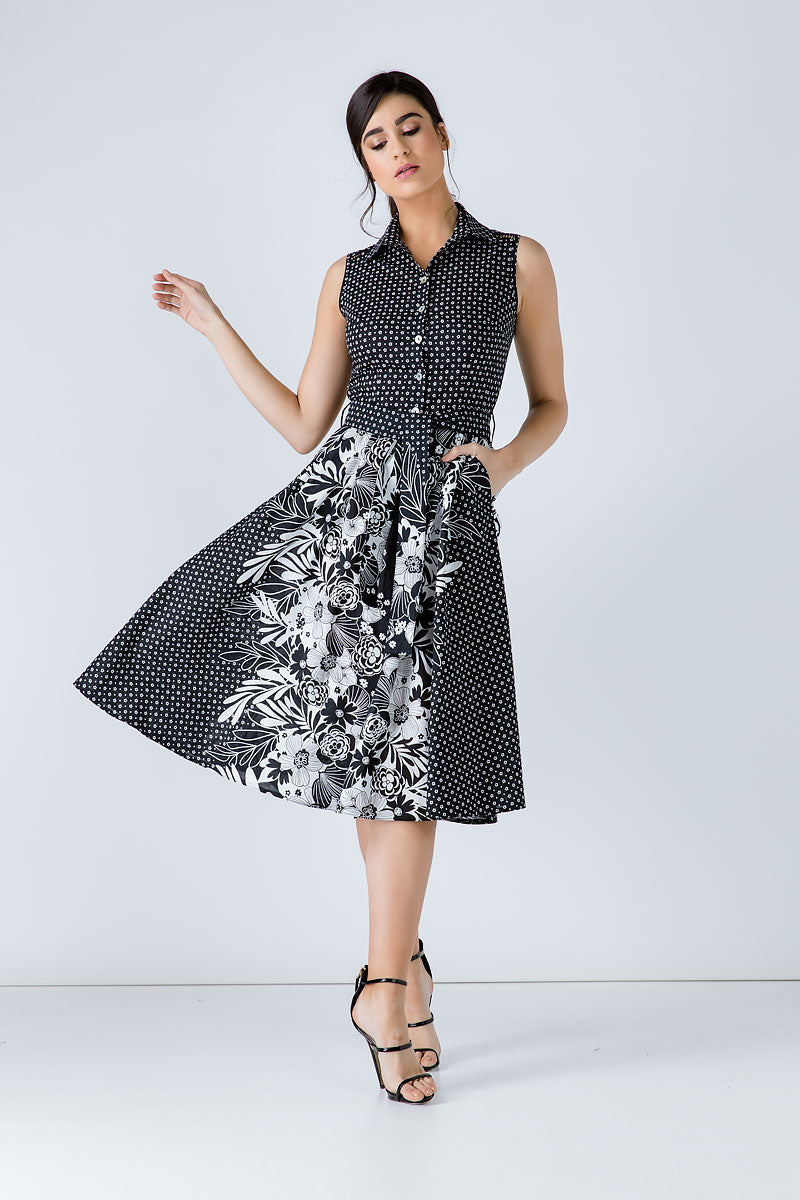 Button Detail Black Print Dress