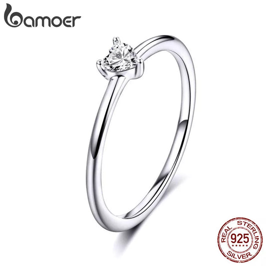 BAMOER 925 Sterling Silver Heart Clear CZ Simple Finger Rings for Women Engagement Wedding Statement Jewelry  SCR498