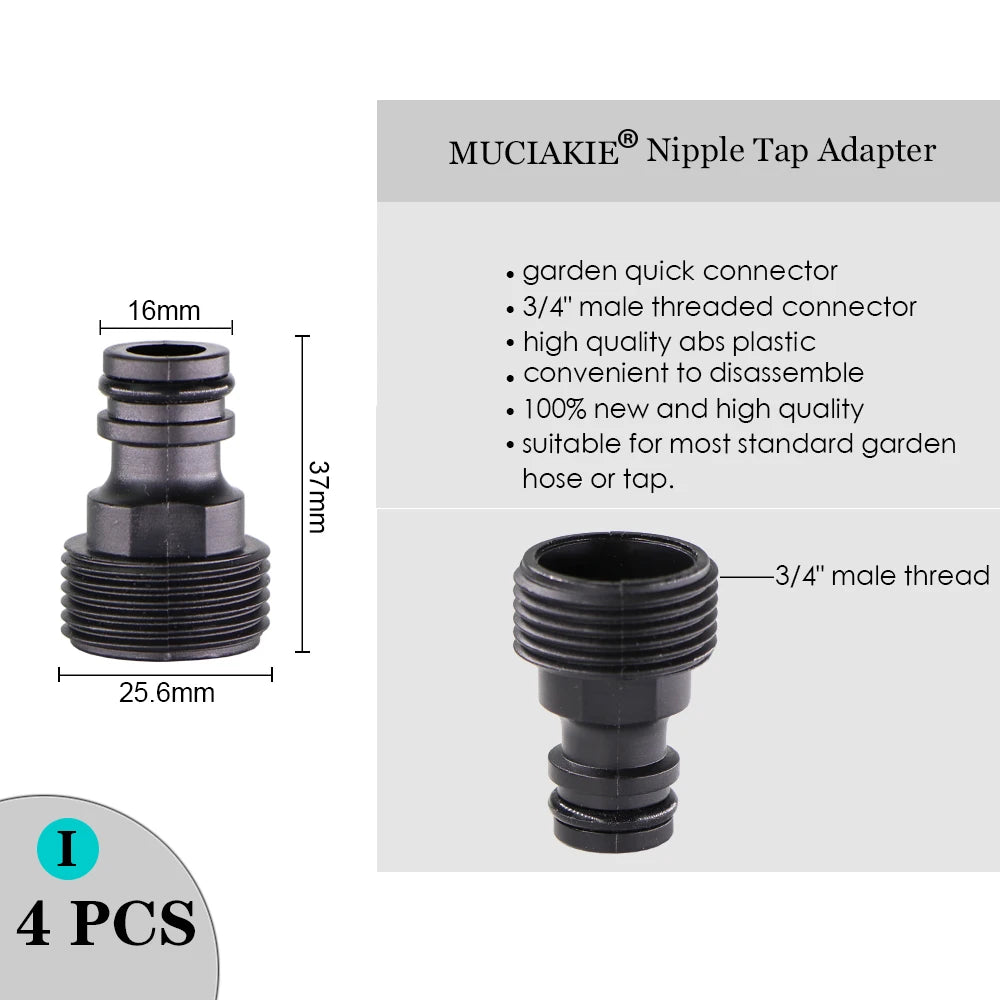 MUCIAKIE Variety Style Garden Tap 1/2" 3/4" Male Female Thread Nipple Joint 1/4" Hose Quick Connector Irrigation Water Splitters