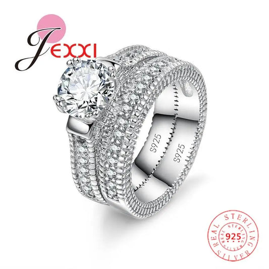 925 Stamped Silver Needle Ring Sets 2 PCS Bijoux Full African AAA Crystal Heart Stone Rings Romantic Wedding Best Chioce