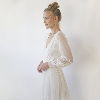 Bestseller Ivory Wrap Lace Wedding Dress With Chiffon Mesh Sleeves #1352