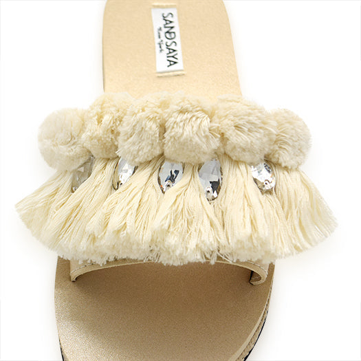 White Pompom Fringe - Waterproof Espadrille Flat