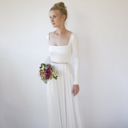 Bestseller Ivory Square Neckline Minimalist Satin Wedding Dress #1351