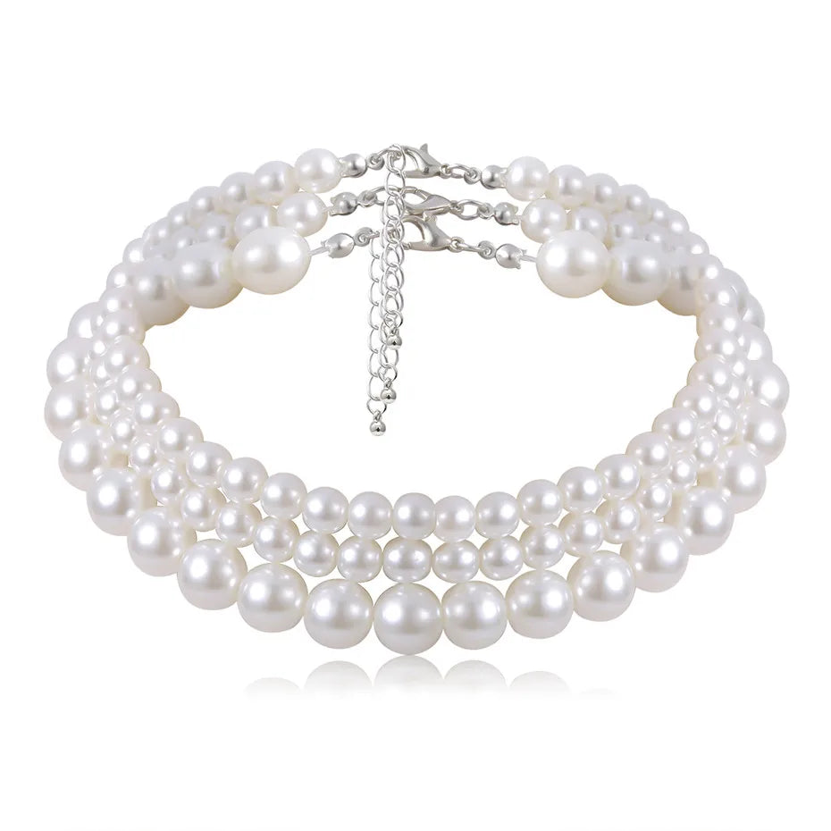 Ingemark Fashion Multilayer White Imitation-Pearl Choker With Metal Slice Fixation Wide Bib Necklace Jewelry for Charm Women