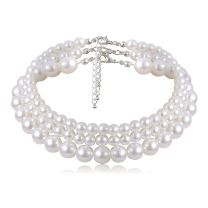 Ingemark Fashion Multilayer White Imitation-Pearl Choker With Metal Slice Fixation Wide Bib Necklace Jewelry for Charm Women