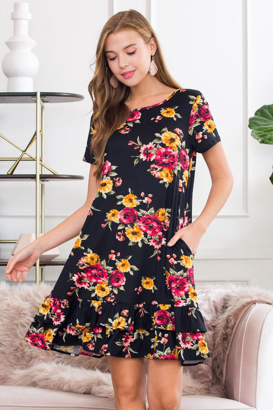 Short Sleeved Floral Ruffled Hem Dress