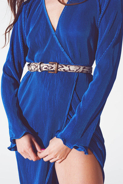 Satin Wrap Detail Pleated Dress in Blue