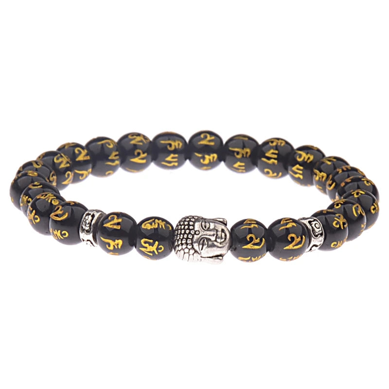 Charm Buddha&Evil Eye Bracelet Women 8mm Elastic Round Bright Black Stone Chakra Bracelets Men Erkek Bileklik Homme