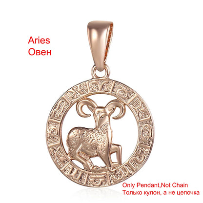 Davieslee Pendant Necklace for Women 12 Zodiac Sign Constellation Yellow Rose Gold Color Womens Necklaces Round Shaped LGPM16