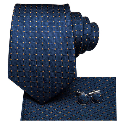 Business Tie for Men Silk Blue Tie Dots Necktie Set Plaid Cufflinks for Wedding Business Tie 150cm Hi-Tie SN-3529