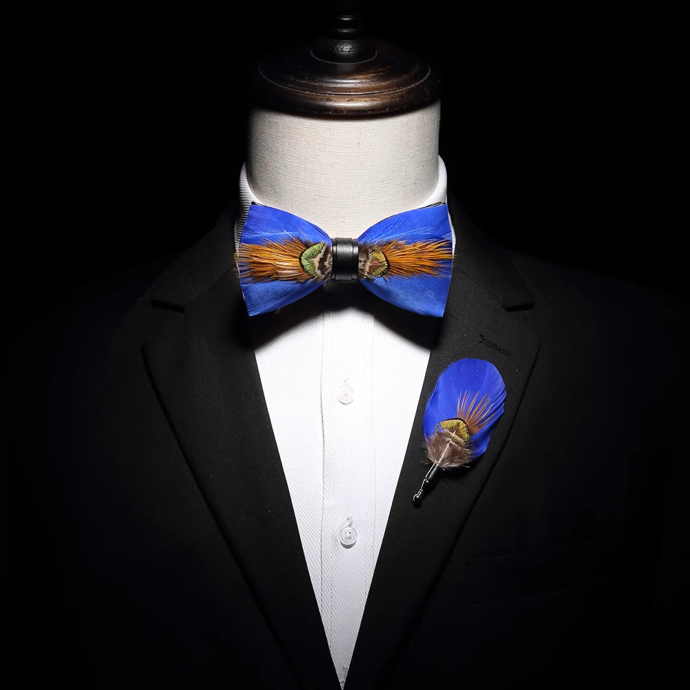 KAMBERFT Design Handmade Feather Bow Tie Brooch Wooden Box Set High Quality Men's Bowtie Leather Tie for Wedding Party Banquet