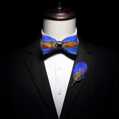 KAMBERFT Design Handmade Feather Bow Tie Brooch Wooden Box Set High Quality Men's Bowtie Leather Tie for Wedding Party Banquet