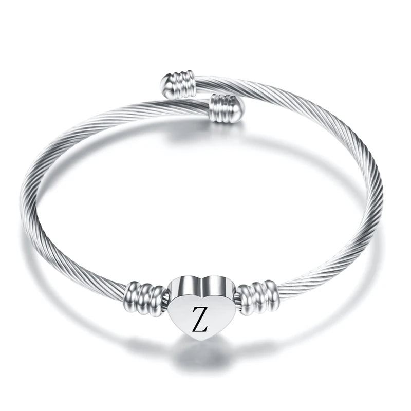 Heart Charm Bangle With Initial Alphabet Letter Engrave High Quality Women Jewelry Cuff Bangles Party