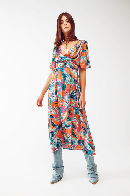 Wrap Maxi Belted Dress With Floral Print in Orange