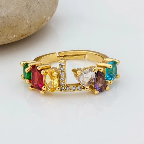 Adjustable A-Z Initial Ring Bohemian Copper Zircon  Rainbow Letter Rings for Women Girls Party Wedding Jewelry