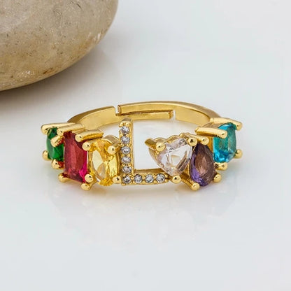 Adjustable A-Z Initial Ring Bohemian Copper Zircon  Rainbow Letter Rings for Women Girls Party Wedding Jewelry