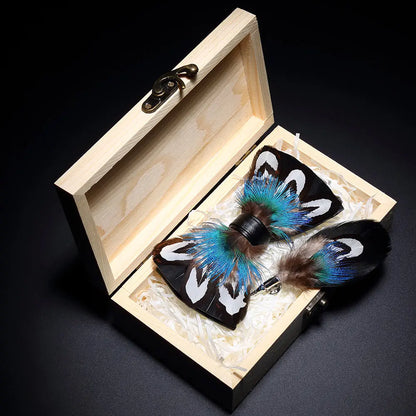 KAMBERFT Design Handmade Feather Bow Tie Brooch Wooden Box Set High Quality Men's Bowtie Leather Tie for Wedding Party Banquet