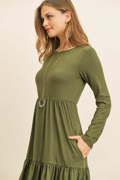 Solid Long Sleeve Double Layered Ruffle Dress