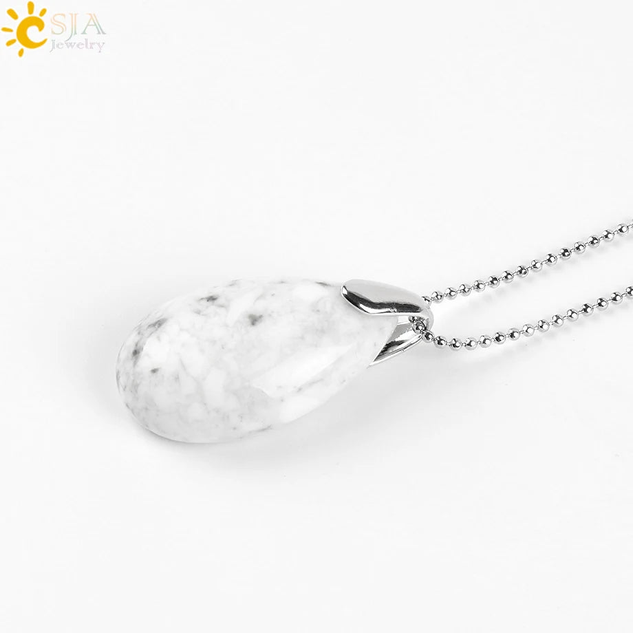 CSJA Natural Gem Stone Pendant Water Drop Necklaces Pendants Tiger Eye Lapis Lazuli Clear Crystal Opal Healing Jewellery E526