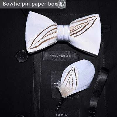 JEMYGINS Bowtie Natural Brid Feather Exquisite Hand Made Men Bow Tie Brooch Pin