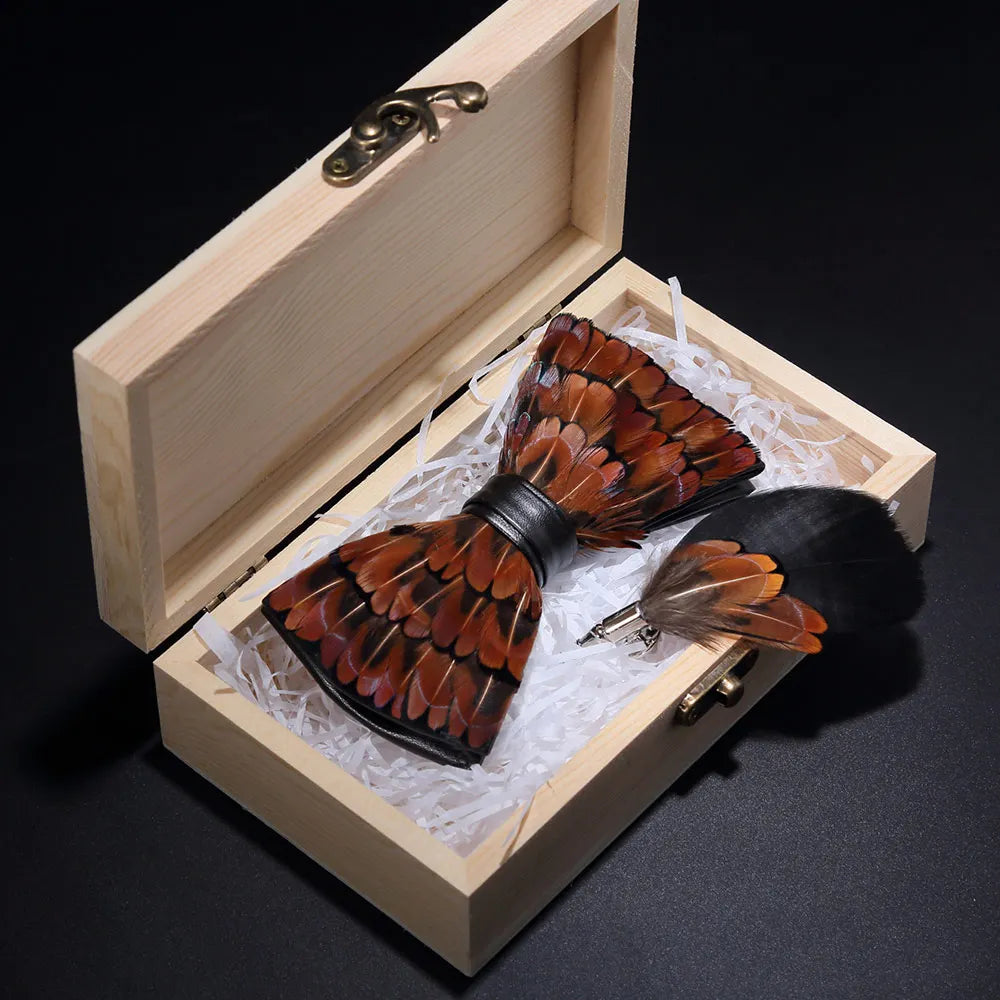 KAMBERFT Design Handmade Feather Bow Tie Brooch Wooden Box Set High Quality Men's Bowtie Leather Tie for Wedding Party Banquet