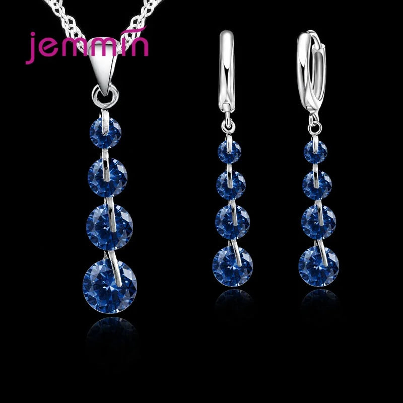 Romantic 925 Sterling Silver  Link Chain Crystal Pendant Necklace Jewelry Set for Women Earrings Wedding Jewelry Sets