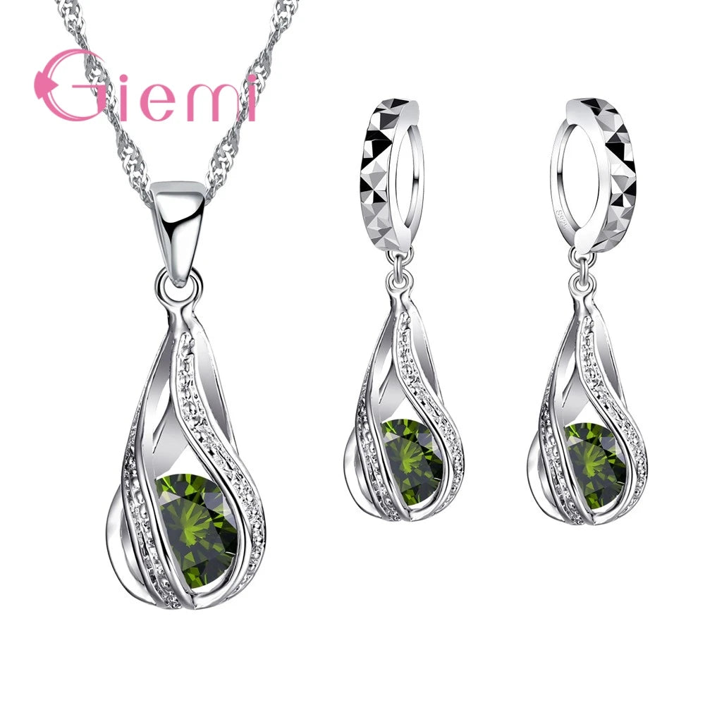 100% 925 Sterling Silver New Water Drop Cubic Zircon Pendant Necklace&Earrings for Women Ladies Jewelry Sets Wedding