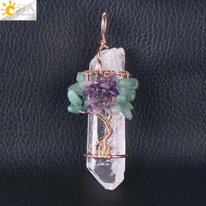 CSJA Natural Stone Rock Crystal Pendant Reiki Chakra Tree of Life Handmade Wire Wrapped Clear Quartz Pendant for Necklace F517