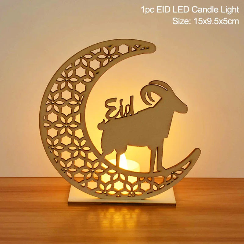 EID Mubarak Wooden Pendant With LED Candles Light Ramadan Decorations for Home Islamic Muslim Party Eid Decor Kareem Ramadan