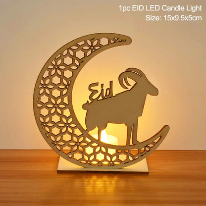 EID Mubarak Wooden Pendant With LED Candles Light Ramadan Decorations for Home Islamic Muslim Party Eid Decor Kareem Ramadan
