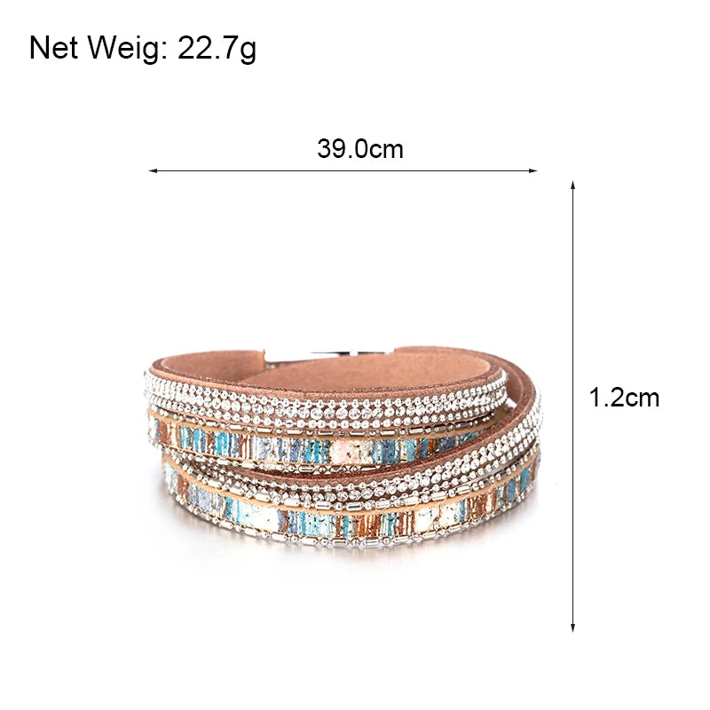 ALLYES Women Leather Bracelet Czech Crystal Vintage Boho Multiple Layered Bohemian Double Wrap Bracelet Femme Jewelry