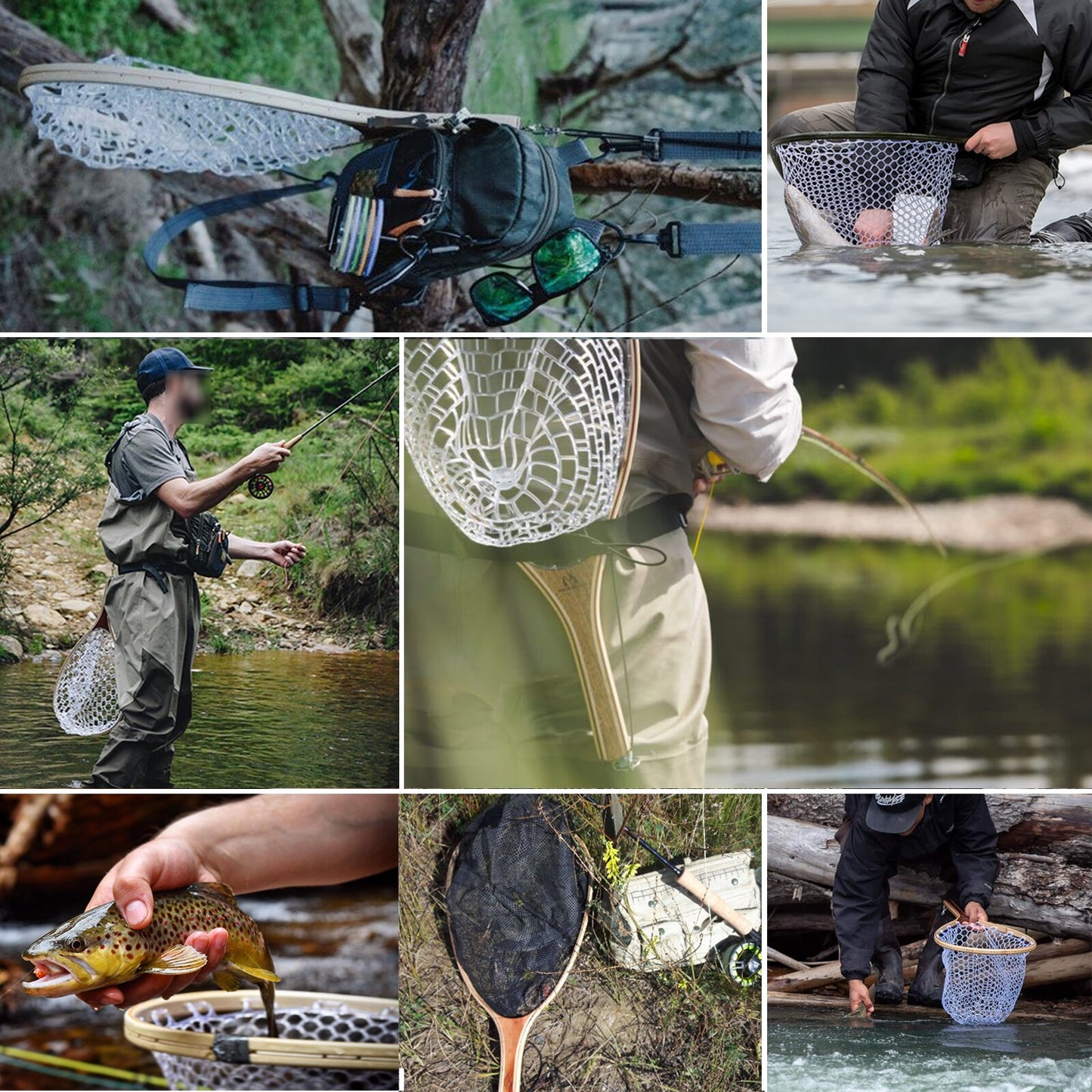 Maximumcatch Fly Fishing Landing Net Nylon Trout Catch and Release Net With Curve Wood Handle Tenkara Net