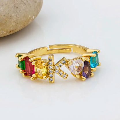 Adjustable A-Z Initial Ring Bohemian Copper Zircon  Rainbow Letter Rings for Women Girls Party Wedding Jewelry