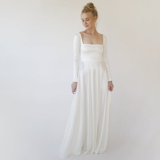 Bestseller Ivory Square Neckline Minimalist Satin Wedding Dress #1351