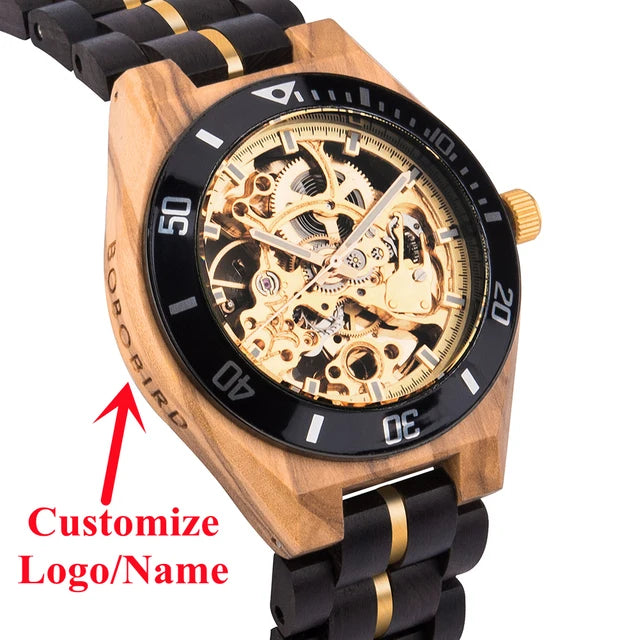 Wooden Automatic Mechanical Watch Men Wristwatch BOBO BIRD Top Luminous Hands Clock Custom Relogio Masculino