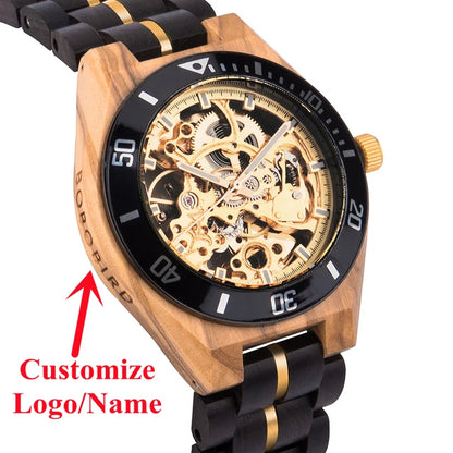 Wooden Automatic Mechanical Watch Men Wristwatch BOBO BIRD Top Luminous Hands Clock Custom Relogio Masculino