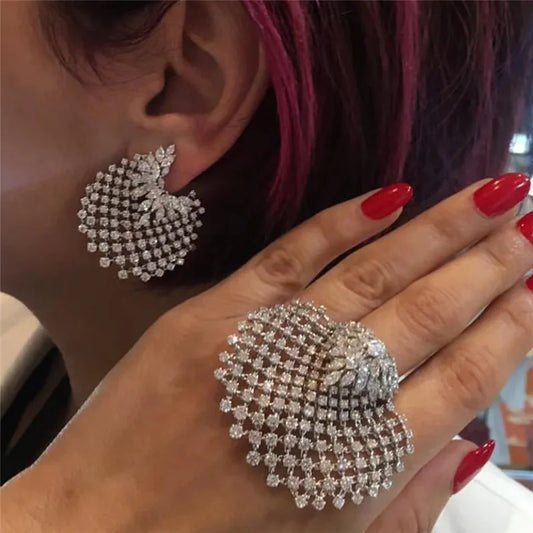 Ahmed Fashion Bohemian Full Rhinestone Gold Silver Shell Stud Earring Ring for Women New Trend Statement Wedding Jewelry