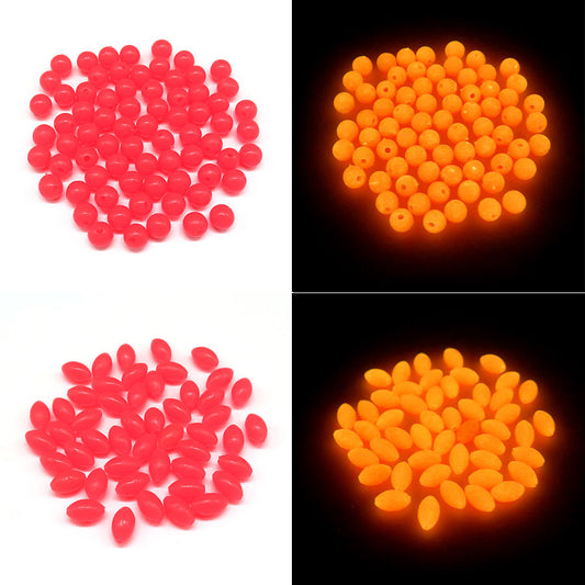 Minfishing 200 Pcs Red Soft Glowing Fishing Beads for Night Fishing Round/Oval Stopper Luminous Beads Fishing Accessories