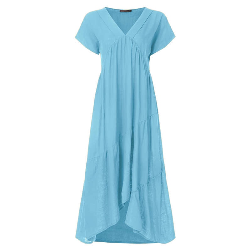 Bohemian Summer Womens Sundress ZANZEA Fashion v Neck Midi Vestidos Female Solid Ruffle Dresses Asymmetrical Robe